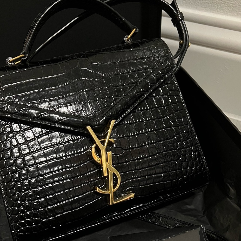 CASSANDRA MINI TOP HANDLE BAG IN CROCODILE-EMBOSSED SHINY LEATHER